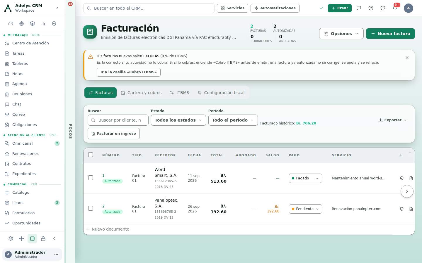 Facturación de Adelys CRM